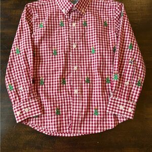 Castaway Red and White Gingham Button-Down Shirt with Green Tree Embroidery